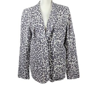 CYNTHIA ROWLEY XL Leopard Print Lined Open Blazer Linen Blend Grey Beige Classic